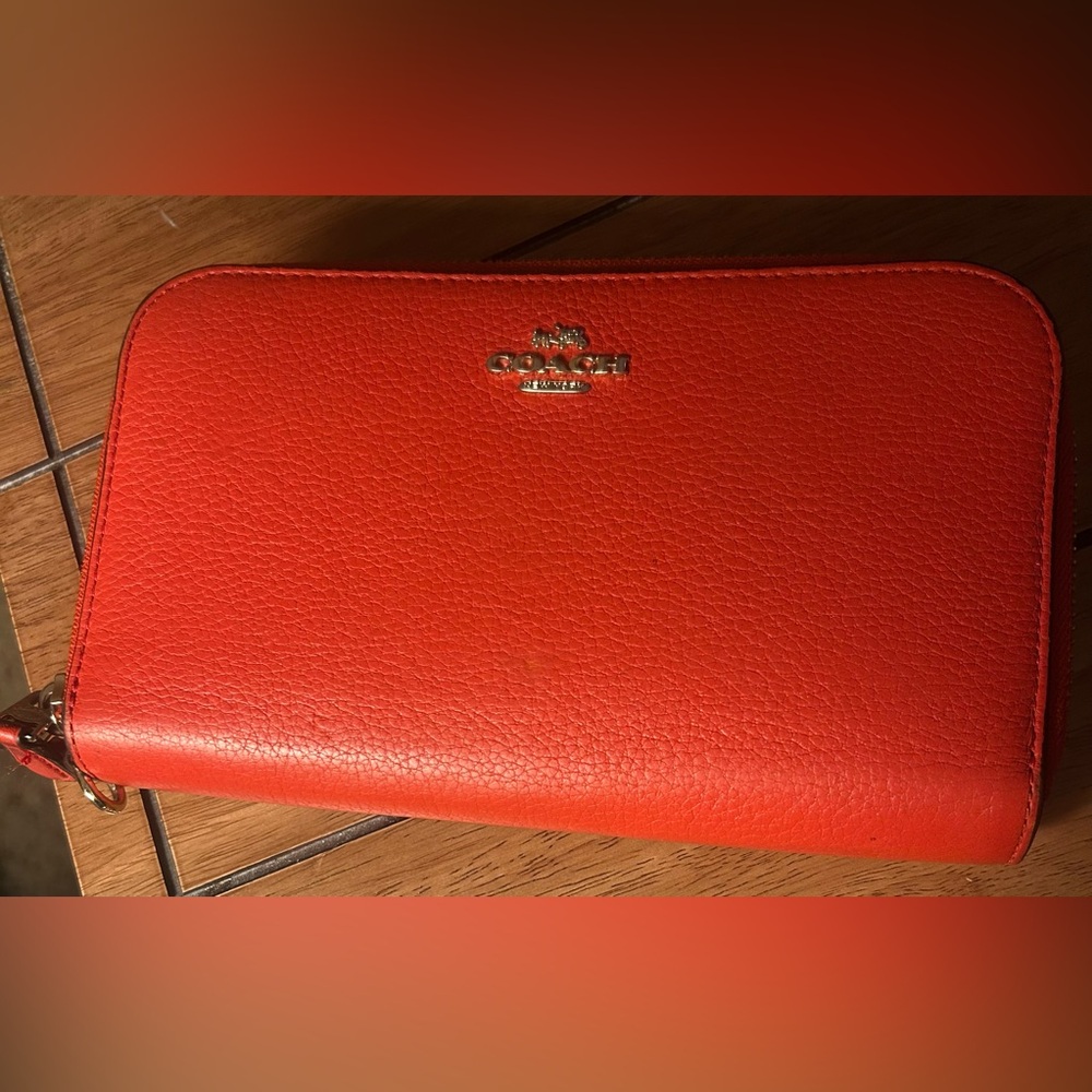 Coach Red Pebbled Leather Zip Wallet with Gold Logo